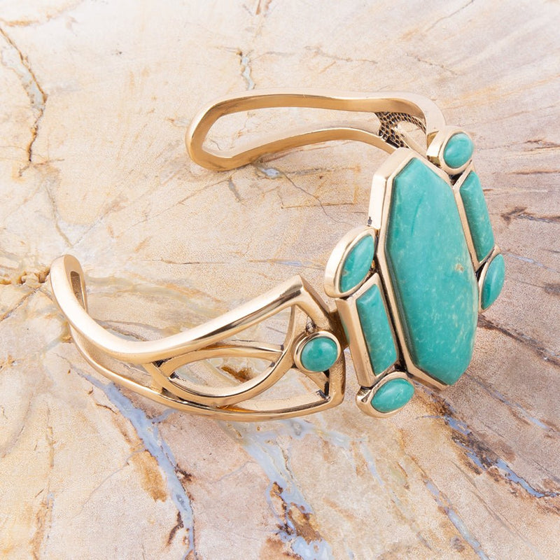 Deco Green Turquoise and Golden Statement Cuff Bracelet - Barse Jewelry