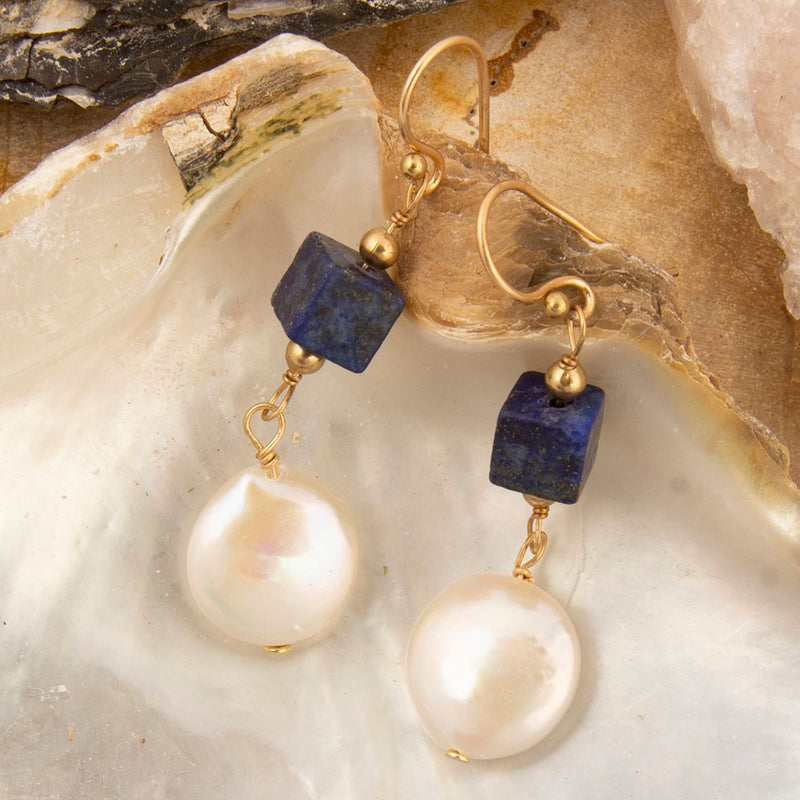 Denim Blue Lapis& Pearl Golden Drop Earrings - Barse Jewelry
