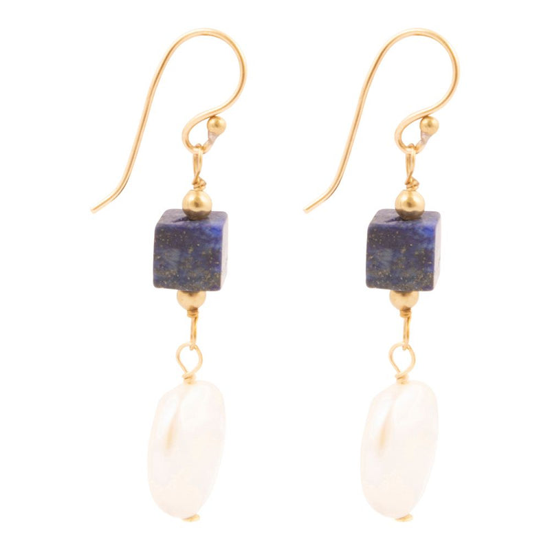 Denim Blue Lapis& Pearl Golden Drop Earrings - Barse Jewelry