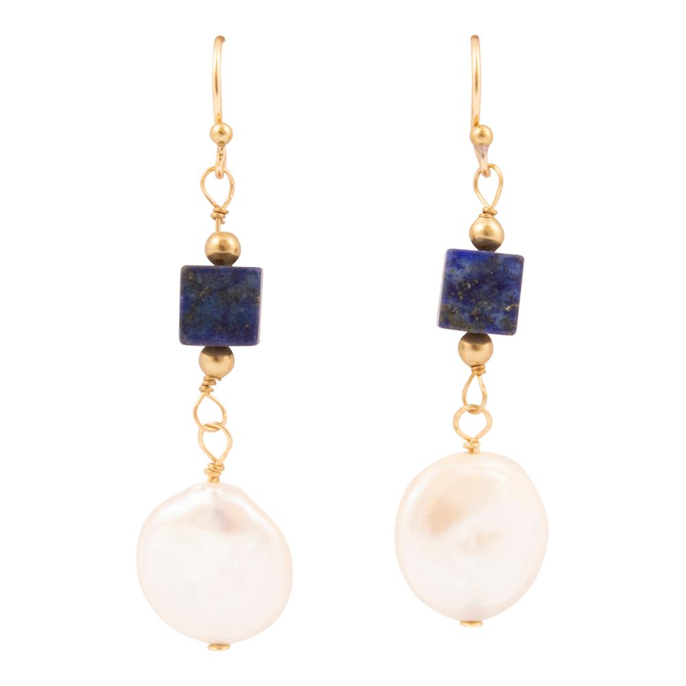Denim Blue Lapis& Pearl Golden Drop Earrings - Barse Jewelry