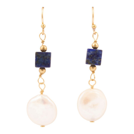Denim Blue Lapis and Pearl Golden Drop Earrings