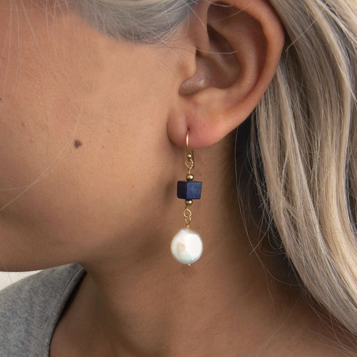 Denim Blue Lapis& Pearl Golden Drop Earrings - Barse Jewelry