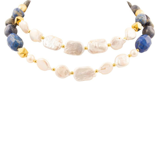 Denim Blue Lapis and Pearl Golden String Necklace