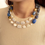 Denim Blues Lapis and Pearl Golden Strang Necklace - Barse Jewelry