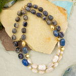 Denim Blues Lapis and Pearl Golden Strang Necklace - Barse Jewelry