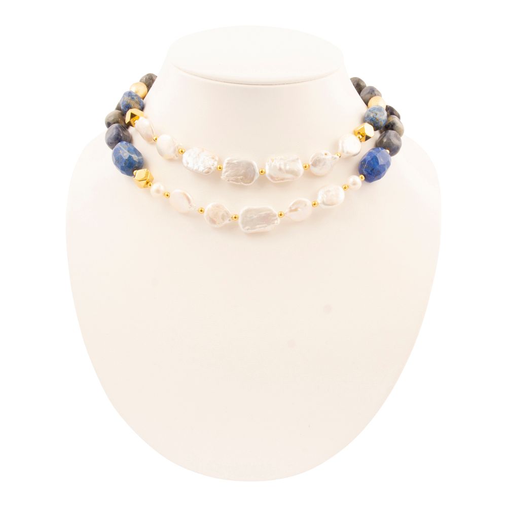 Denim Blues Lapis and Pearl Golden Strang Necklace - Barse Jewelry