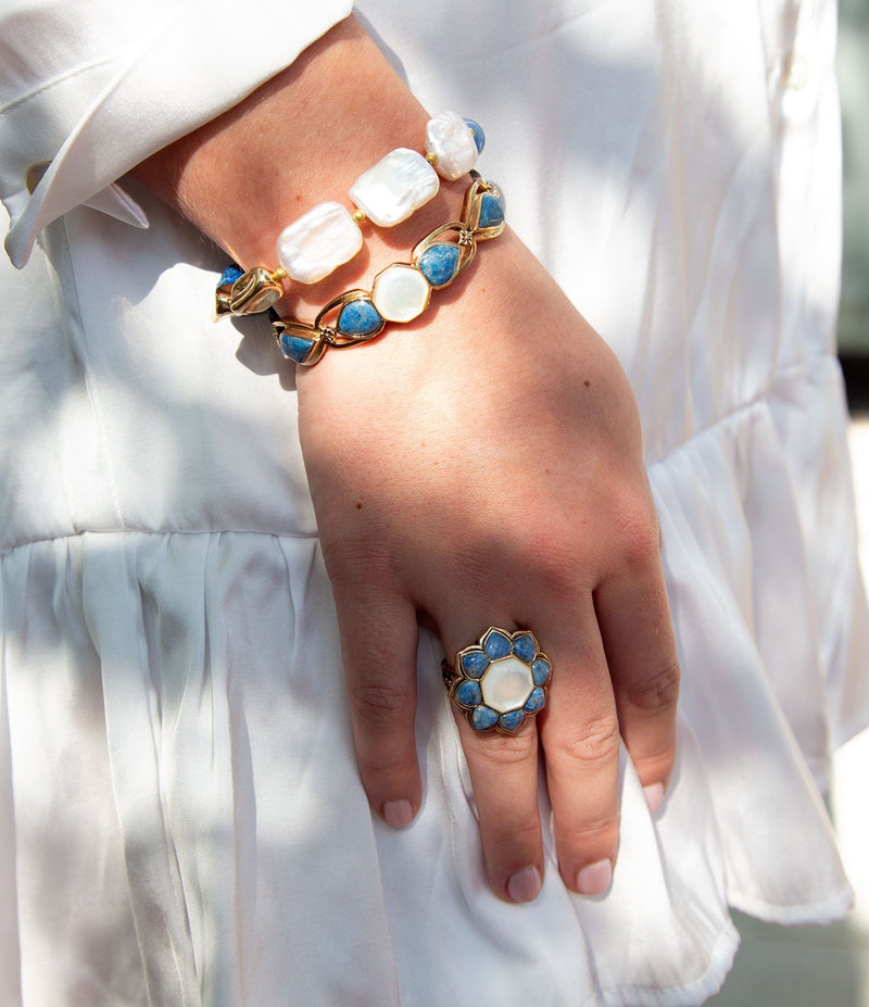 Denim Blues Lapis and White Pearl Golden Bracelet - Barse Jewelry