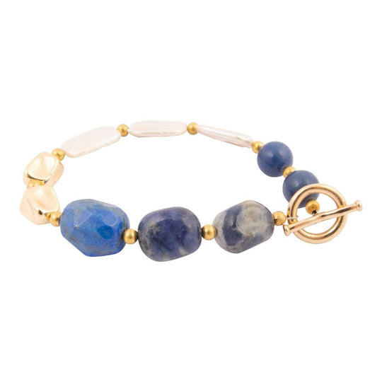 Denim Blues Lapis and White Pearl Golden Bracelet