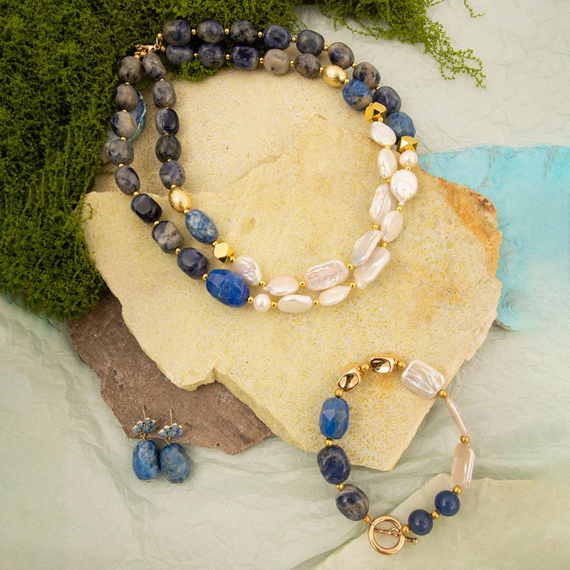 Denim Blues Lapis & Pearl Golden Bracelet - Barse Jewelry