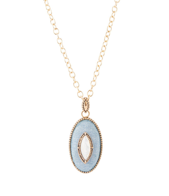 Blue Denim Dreams White Mother of Pearl Golden Pendant Necklace