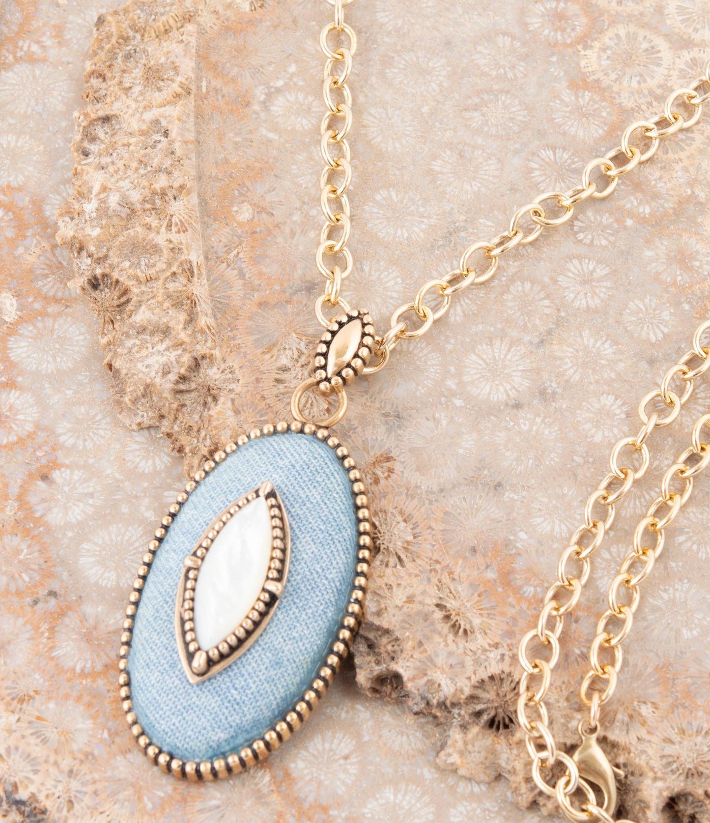 Denim Dreams White Mother of Pearl Golden Pendant Necklace - Barse Jewelry