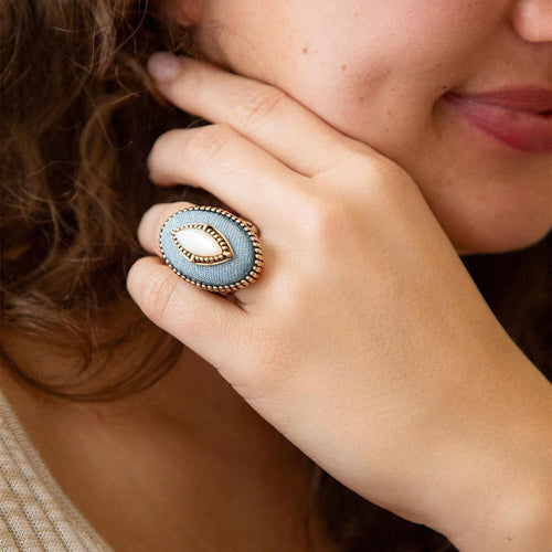 Denim Dreams White Mother of Pearl Golden Statement Ring - Barse Jewelry