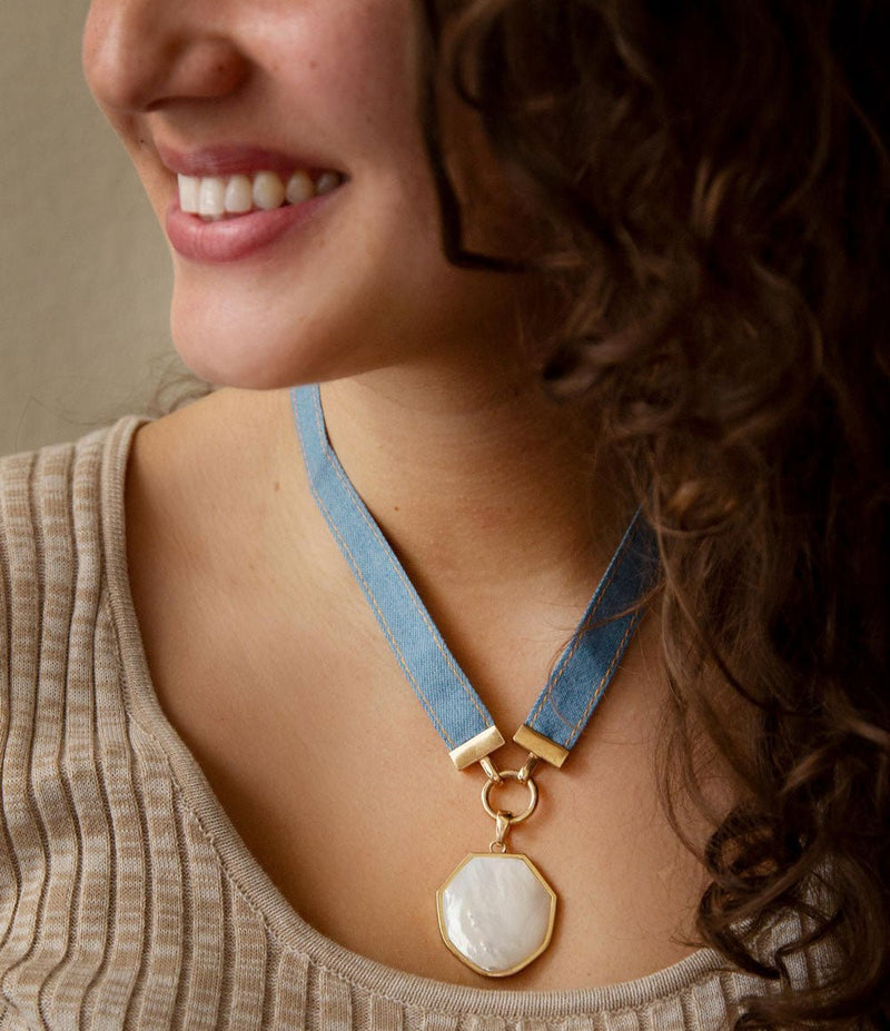 Denim Dreams White Mother of Pearl Ribbon Necklace - Barse Jewelry