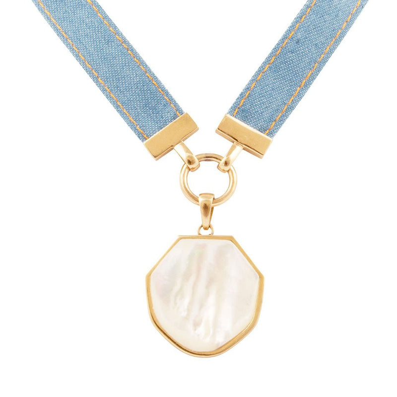 Denim Dreams White Mother of Pearl Ribbon Necklace - Barse Jewelry