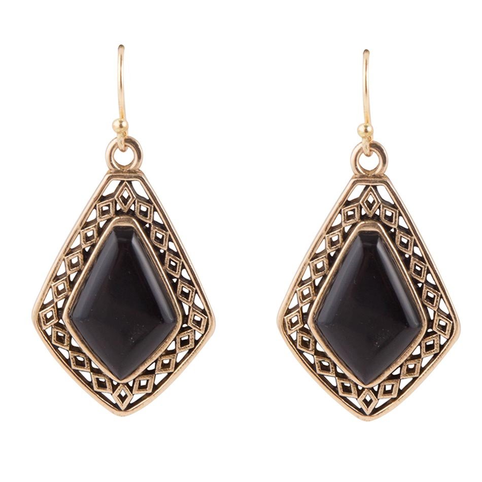 Dimond Black Onyx Stone Golden Drop Earrings - Barse Jewelry