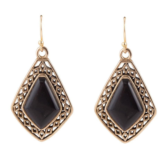 Diamond Black Onyx Stone Golden Drop Earrings