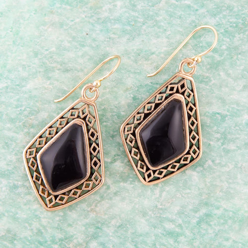 Dimond Black Onyx Stone Golden Drop Earrings - Barse Jewelry