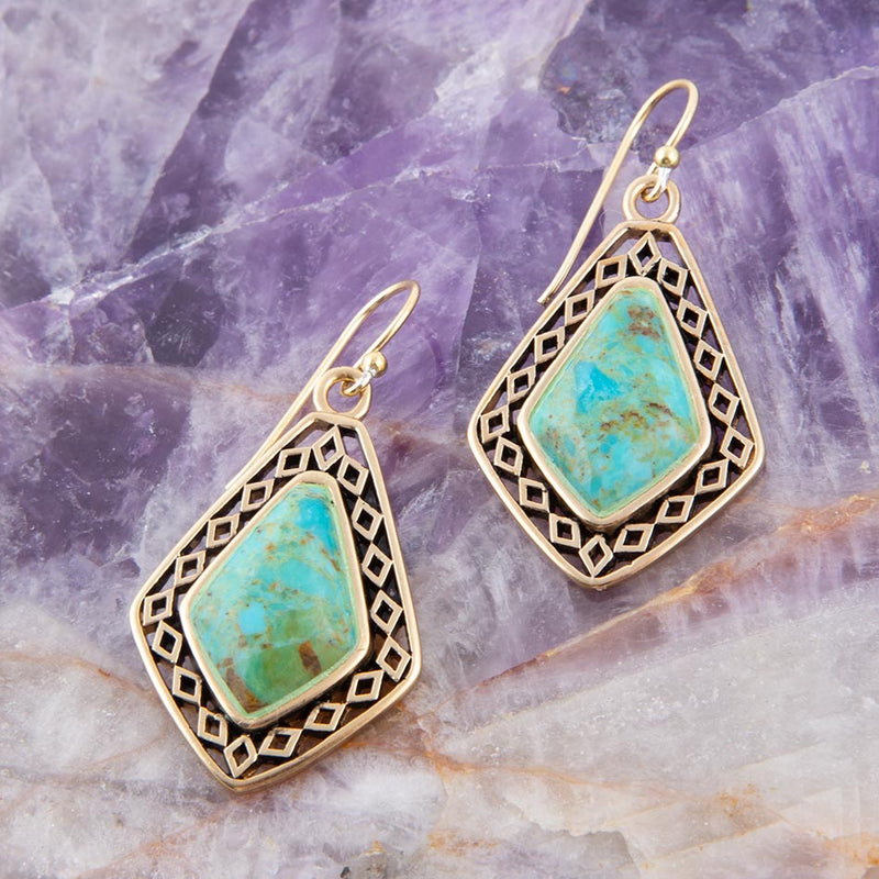 Dimond Blue Turquoise Stone Golden Drop Earrings - Barse Jewelry