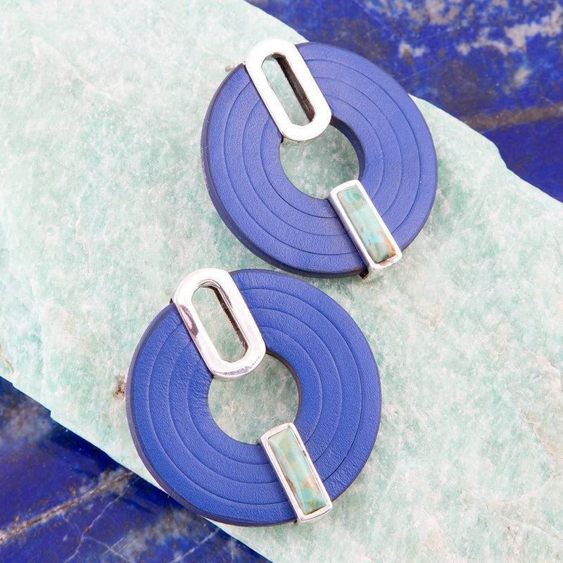 Discus Blue Turquoise and Leather Sterling Silver Earrings - Barse Jewelry