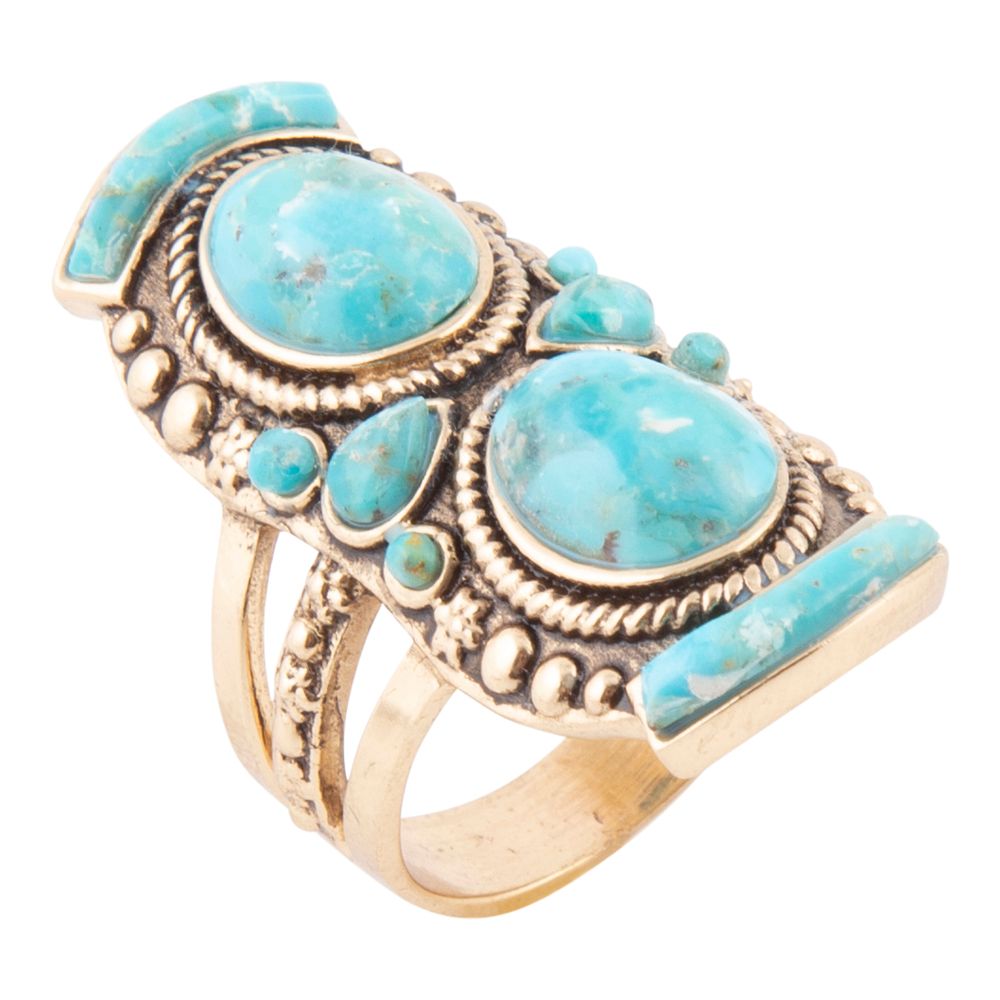 Double Blue Turquoise Golden Shield Ring - Barse Jewelry