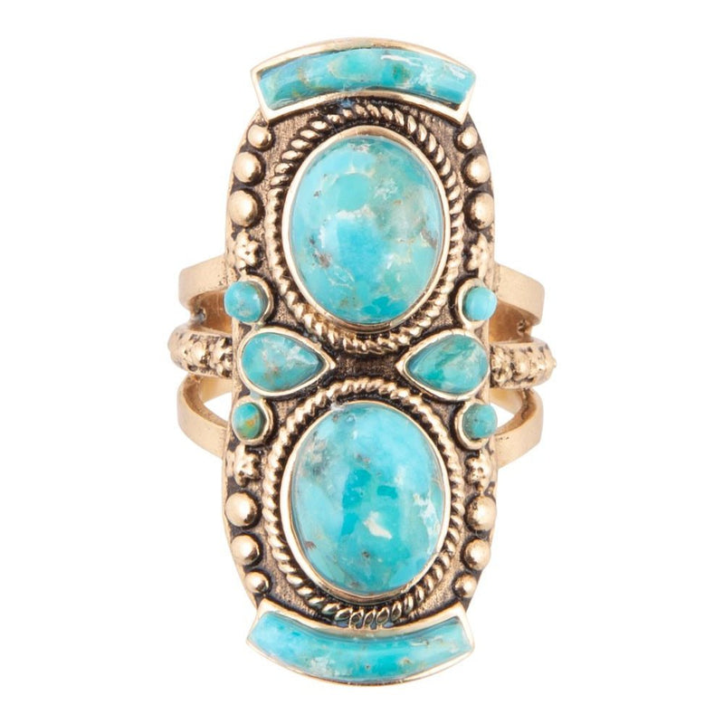 Double Blue Turquoise Golden Shield Ring - Barse Jewelry