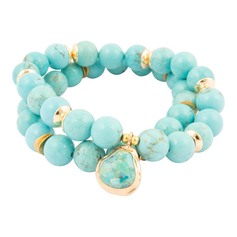 Double Dip Blue Magnesite Golden Bracelet Set - Barse Jewelry