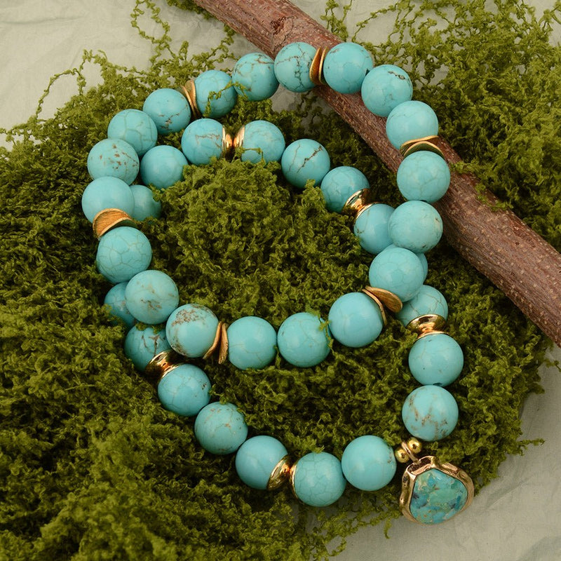 Double Dip Blue Magnesite Golden Bracelet Set - Barse Jewelry