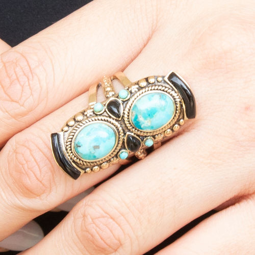 Double Up Blue Turquoise and Black Onyx Golden Ring - Barse Jewelry