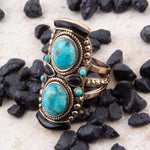 Double Up Blue Turquoise and Black Onyx Golden Ring - Barse Jewelry