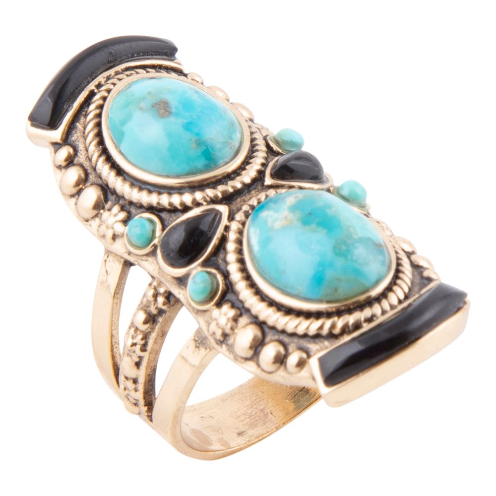 Double Up Blue Turquoise and Black Onyx Golden Ring - Barse Jewelry