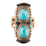 Double Up Blue Turquoise and Black Onyx Golden Ring - Barse Jewelry