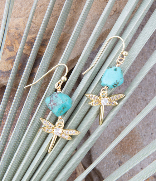 Dragonfly Blue Magnesite Golden Drop Earrings - Barse Jewelry
