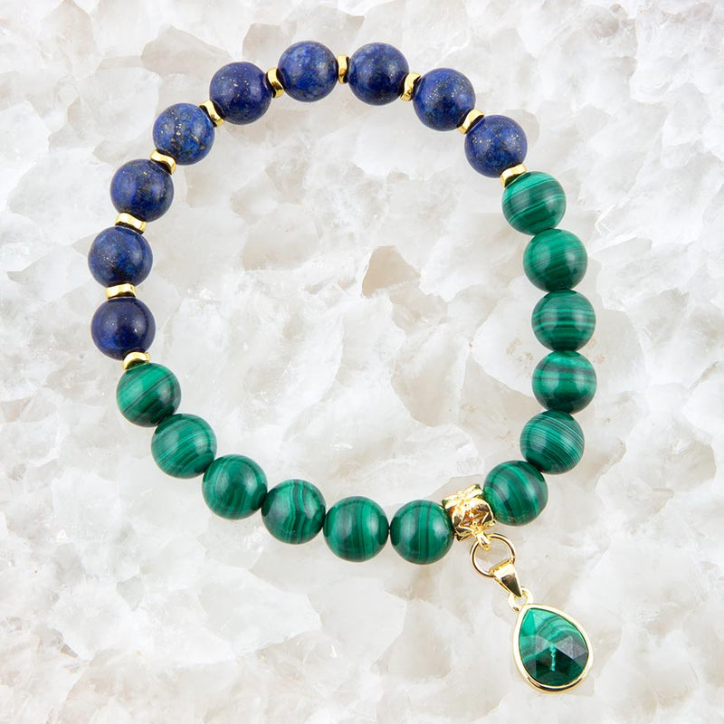 Dreamy Blue Lapis Green Malachite Charm Golden Bracelet - Barse Jewelry