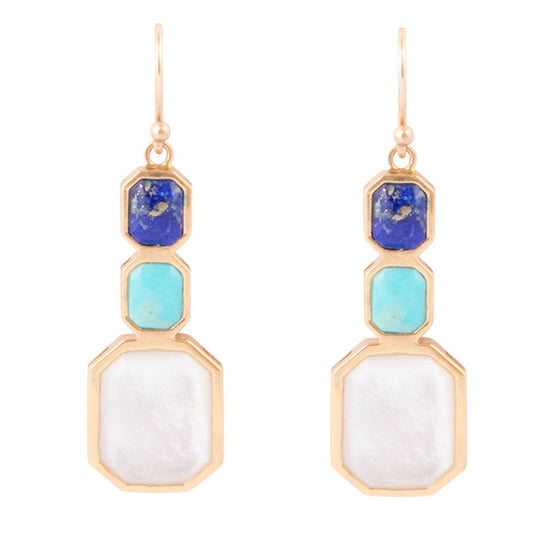 Dual Color Blue Lapis Turquoise and Mother of Pearl Golden Earrings