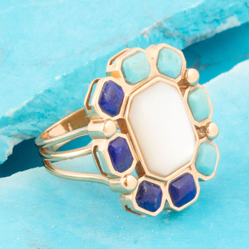 Dual Color Blue Lapis Turquoise and Mother of Pearl Golden Ring - Barse Jewelry