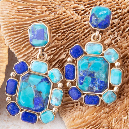Duality Blue Lapis and Turquoise Golden Drop Earrings - Barse Jewelry