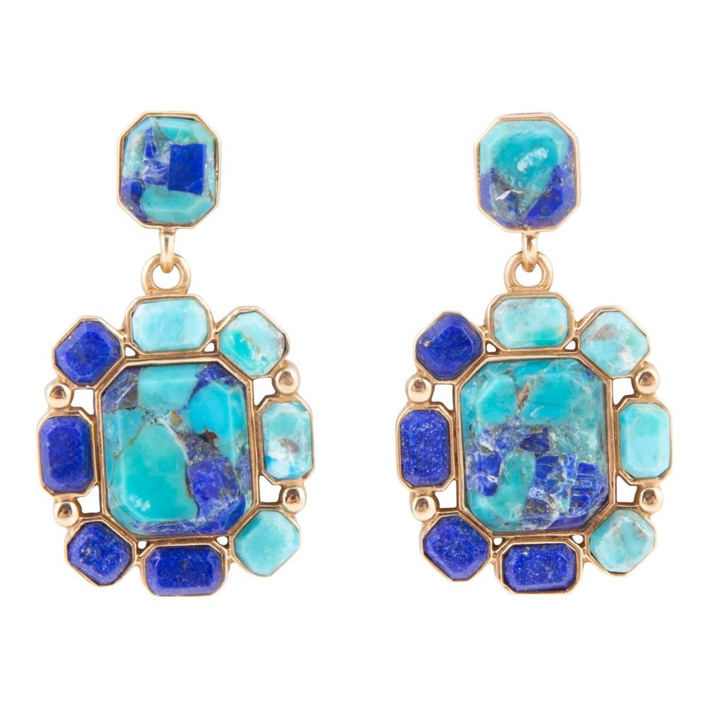 Duality Blue Lapis and Turquoise Golden Drop Earrings - Barse Jewelry