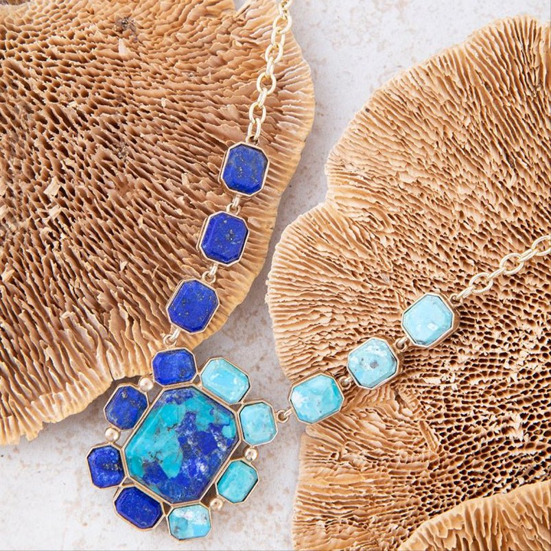 Duality Blue Lapis and Turquoise Golden Pendant Necklace - Barse Jewelry