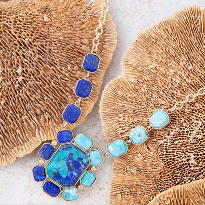 Duality Blue Lapis and Turquoise Golden Pendant Necklace - Barse Jewelry