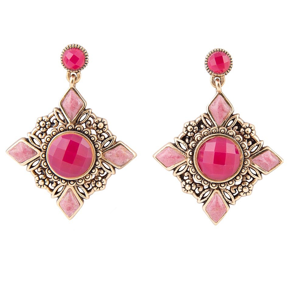 Embellished Pink Quartz Golden Post Drop Earrings - Barse Jewelry