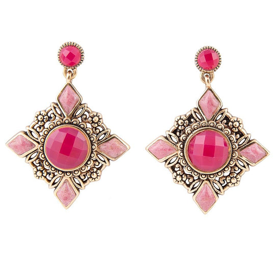 Embellished Pink Quartz Golden Post Drop Earrings