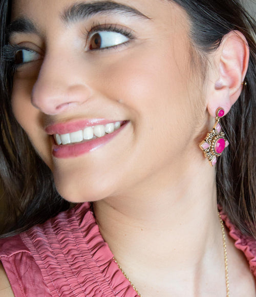 Embellished Pink Quartz Golden Post Drop Earrings - Barse Jewelry