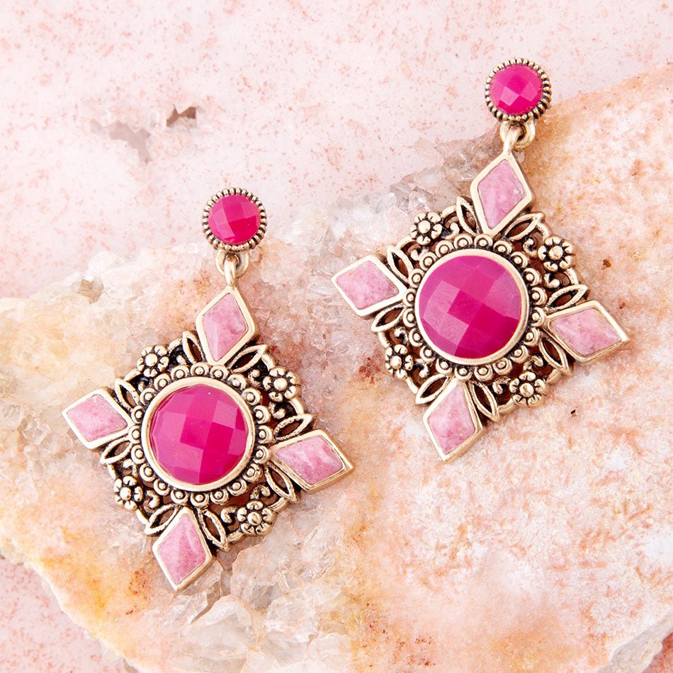 Embellished Pink Quartz Golden Post Drop Earrings - Barse Jewelry