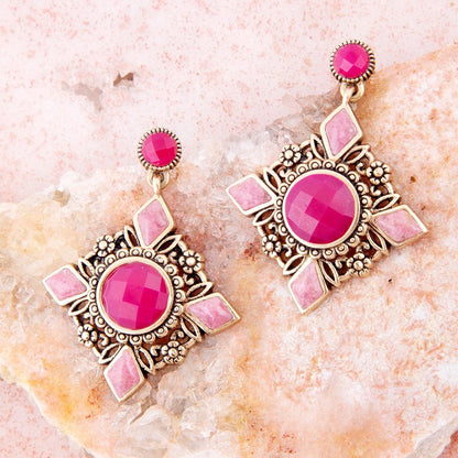 Embellished Pink Quartz Golden Post Drop Earrings - Barse Jewelry