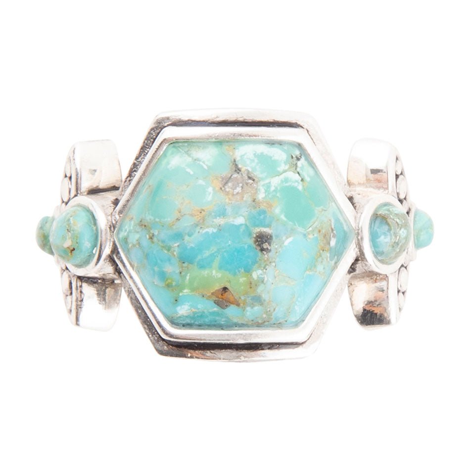 Turquoise stone ring with silver band on a white background