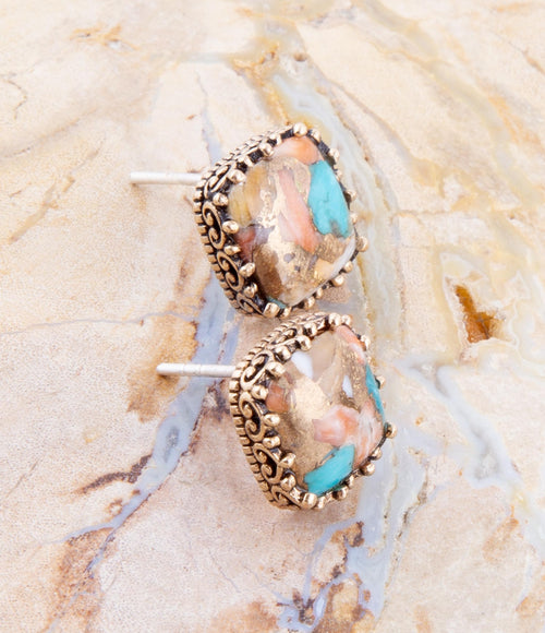 Empire Blue Turquoise and Orange Spiny Matrix Golden Stud Earrings - Barse Jewelry