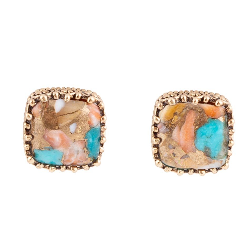 Empire Blue Turquoise and Orange Spiny Matrix Golden Stud Earrings - Barse Jewelry