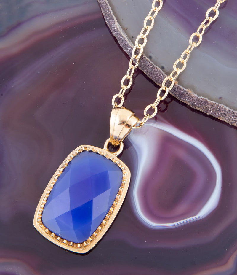 Filigreed Blue Agate Rectangular Shape Golden Pendant Necklaces - Barse Jewelry