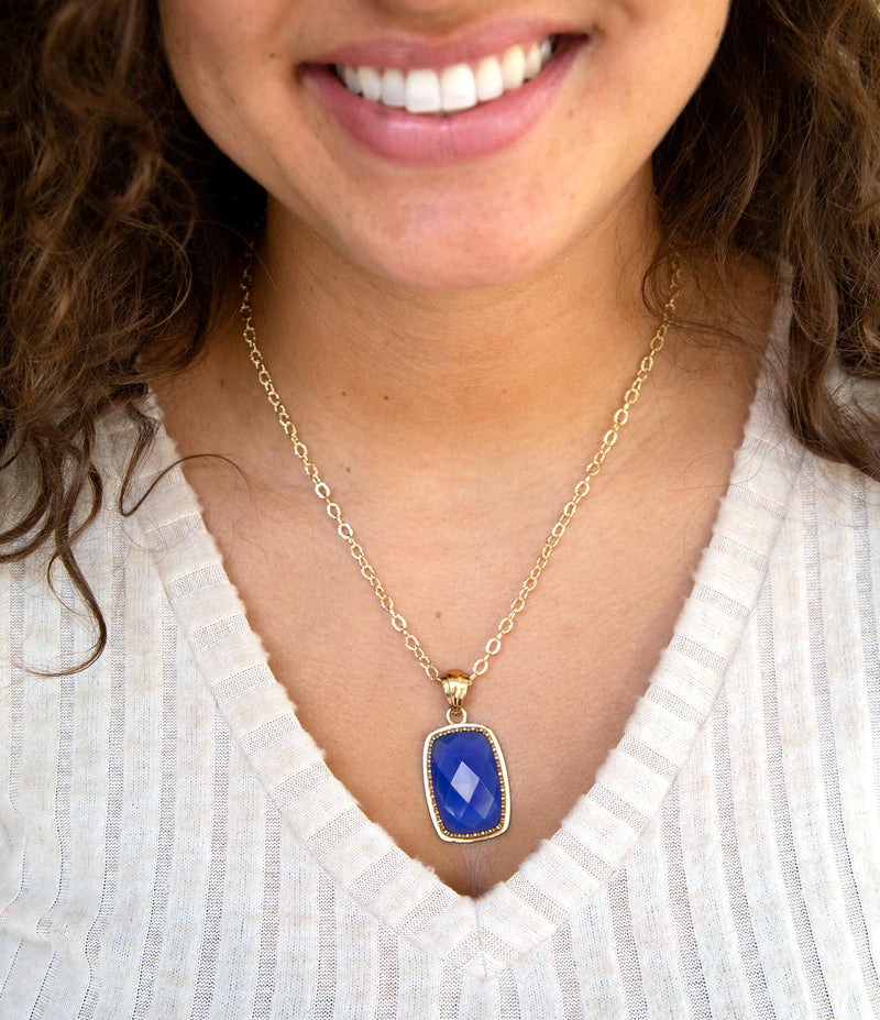 Filigreed Blue Agate Rectangular Shape Golden Pendant Necklaces - Barse Jewelry