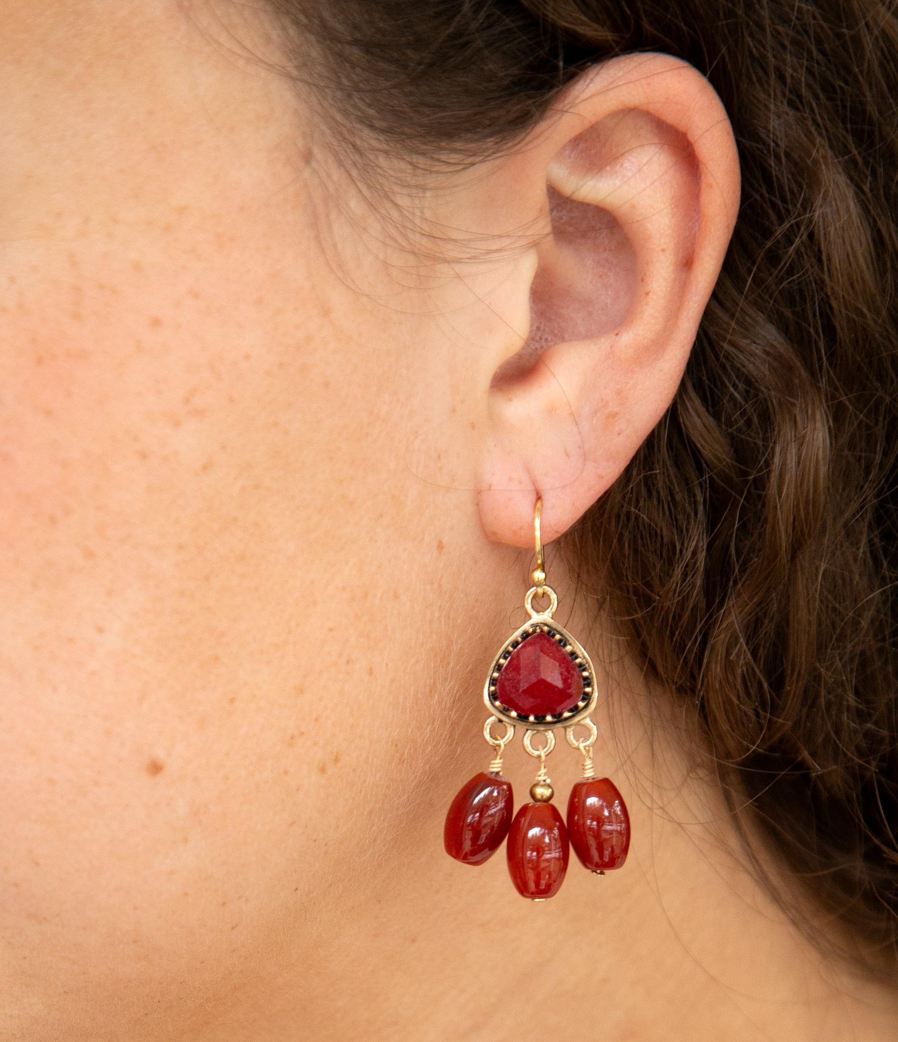 Filigreed Merlot Red Quartz Golden Drop Earrongs - Barse Jewelry